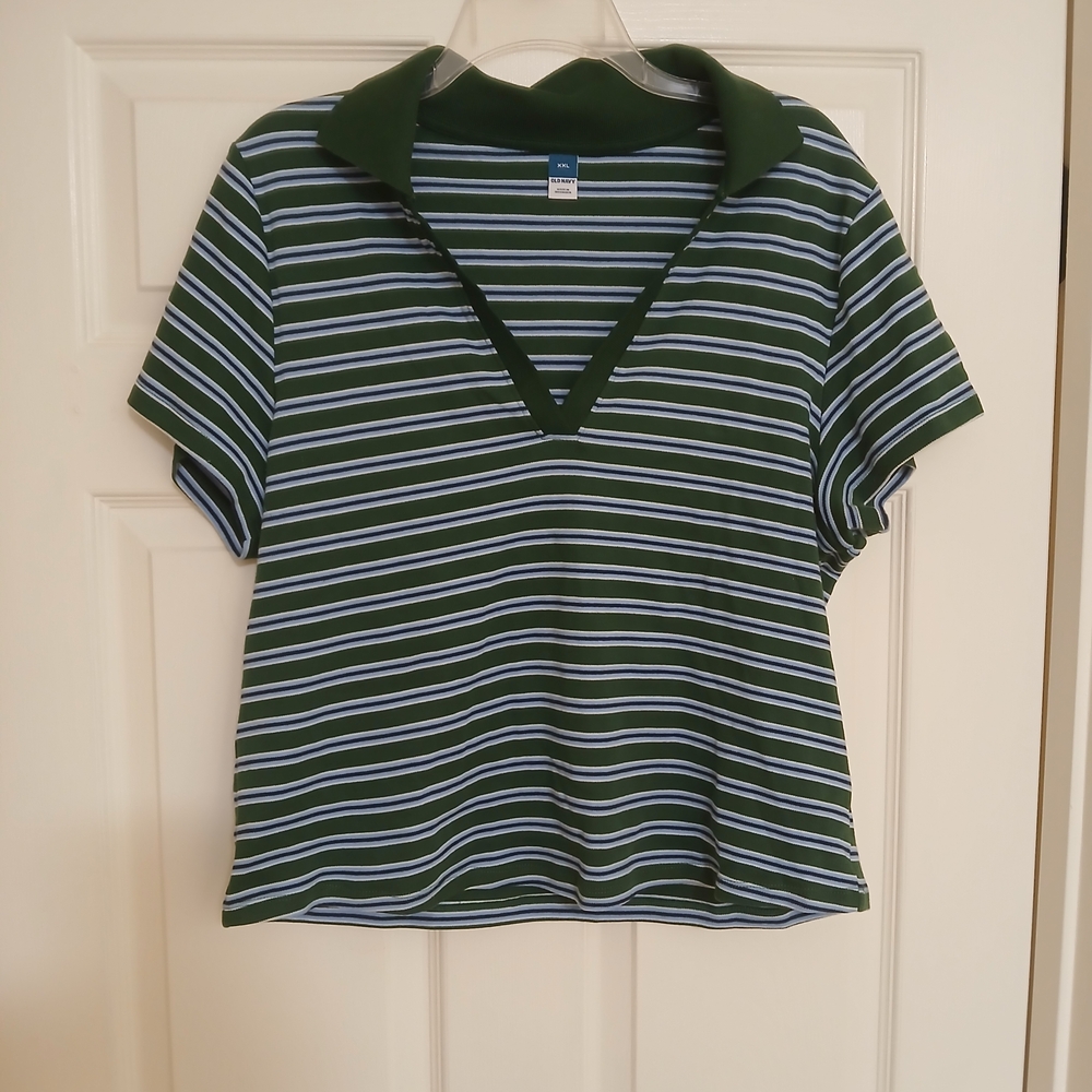 Old Navy Green, Light Blue & White Striped Polo Tee